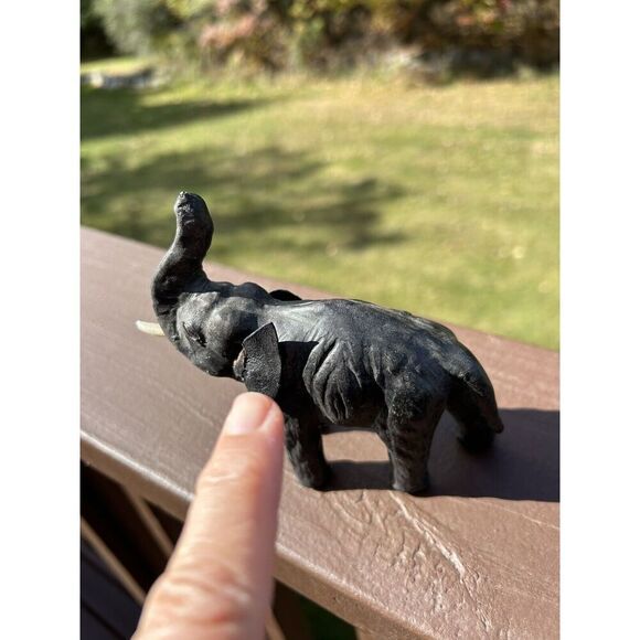 Vintage Leather Wrapped Elephant Statue W Tusks, Trunk Up Black 13”L x 13”H - Picture 7 of 13